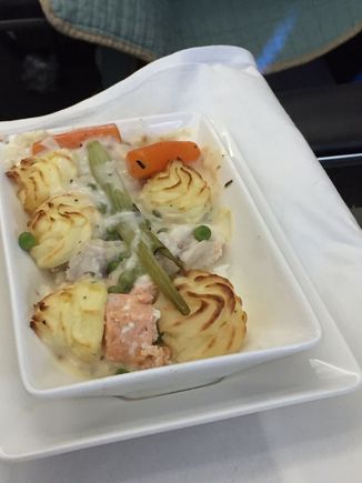 His main of salmon and smoked haddock fish pie with baby fennel, duchess potato and a white wine cream sauce.  Not a fish pie in my book, but he said it was good.