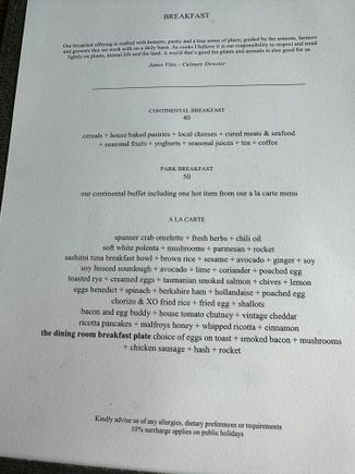 Breakfast menu at Park Hyatt Sydney