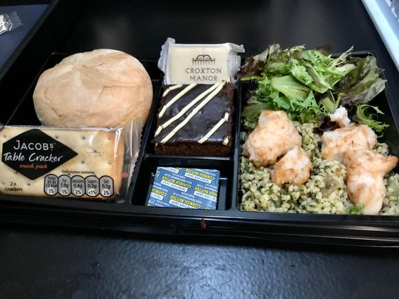 Euro Traveller chicken skewer with tabbouleh. The new bread rolls are a huge improvement on the old ones.