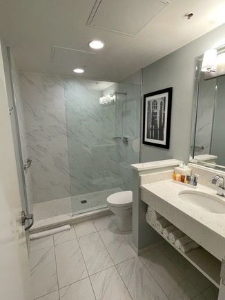 Beautiful bathroom. Have to straddle toilet to reach through cutout in glass to turn on shower.