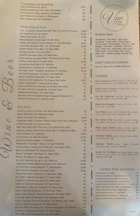 Vue on 30A Wine List/Drink Menu