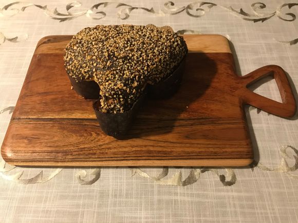 The chocolate & hazelnut colomba  with a chunk sliced off