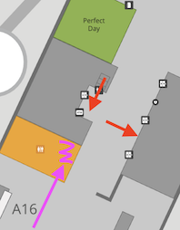 To the left where the Schengen pax emerge in Concourse A a. To the right where they go for Z. I've added the exit and stairs from A to the SkyLine in purple as it's missing on the map.
