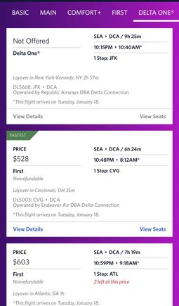 D1 shows F prices, but “Not offered” on SEA-JFK-DCA where it would normally say “Multiple Cabins”