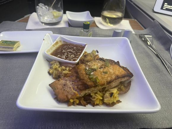 Salmon — piping hot and a tad overdone, but still solid