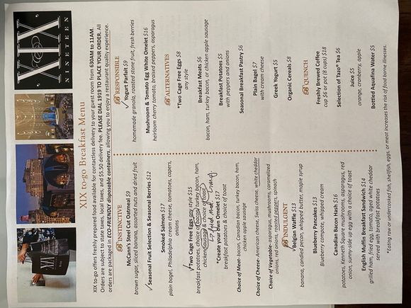 Room service menu - ignore my ordering notes