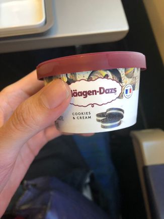 Cabin crew brought ice cream on tray after meal