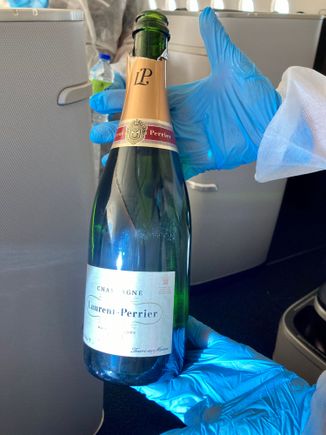 A glass or two of the Laurent Perrier to forget the upcoming 14 day hotel quarantine...