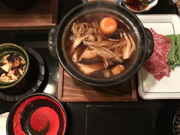Sukiyaki - mushrooms , wagyu beef ..