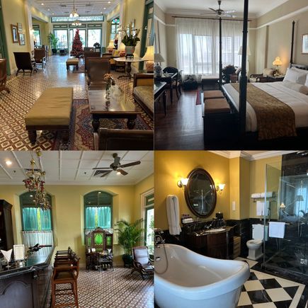 On the left side are pictures of the lobby and the bar. On the right are pictures of the room and the bathroom.