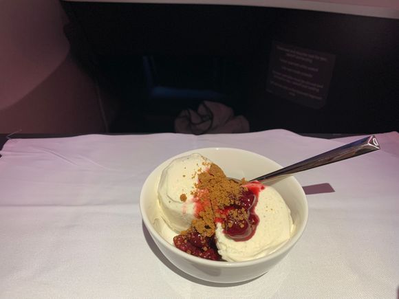 Sundae with cherries and cookie crumbles; other dessert choices of fruit and cheese plate, opera cake