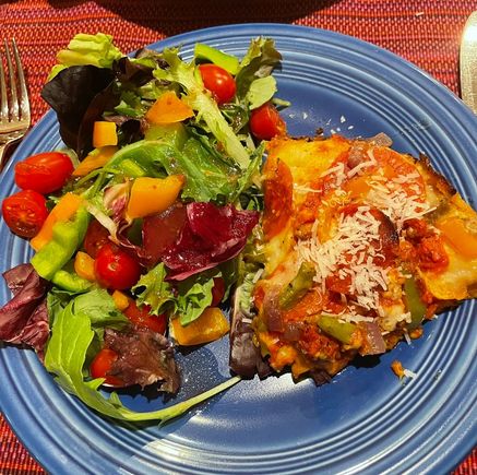 NYT Recipe cheesy pan pizza with pepperoni, hot Italian sausage, caramelized red onions,  green and orange peppers with Rao’s pizza sauce. 