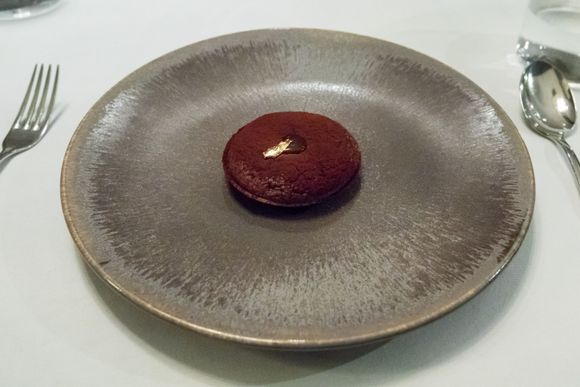 Second dessert course: chocolate souffle with salted caramel and coffee. 