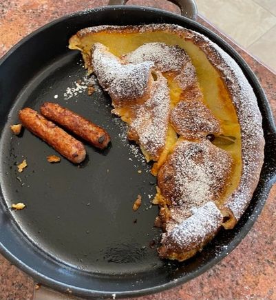 Leftover Dutch Baby and maple flavored sausages. 