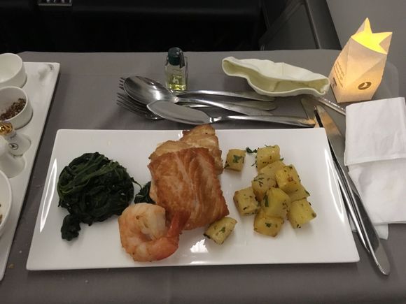 Potpourri - dry fish, soggy spinach. Potatoes were the only edible part.