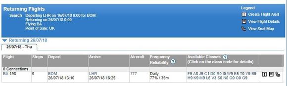 Expertflyer fro BA flights from BOM - LHR on thursday 26th July