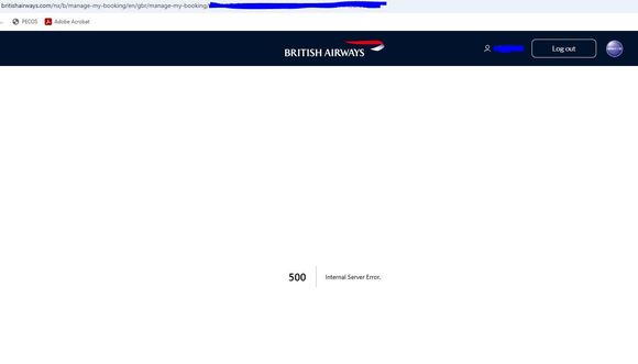 The BA website with the main screen showing a 500 internal server error message