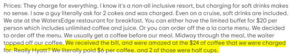This is from tripadvisor.  I never know hyatt actually charges for coffee refills?