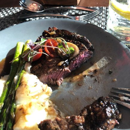 ...cooked only slightly more than the requested medium-rare, and tasted fairly good. 
