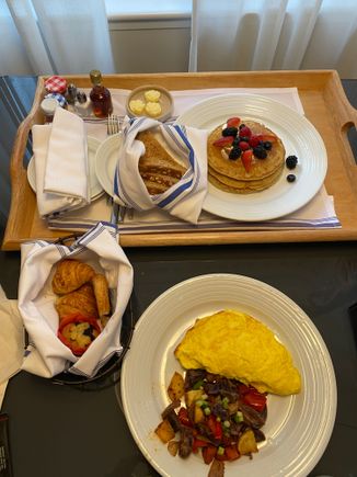 Three egg omelette, pancakes and pastry basket