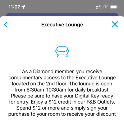 Screenshot of Hilton App with EL and F&B benefits