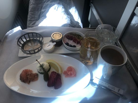 Salmon starter was excellent and well presented. I also had the full English, which most of us will have experienced before. 

Champagne much better filled than the pre departure thimble. 