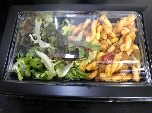 Euro Traveller pasta salad with red pepper and pesto dressing