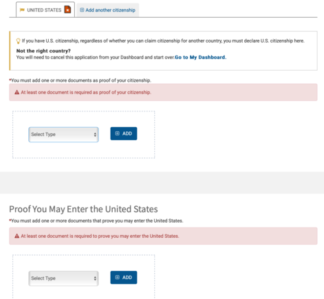 GE Citizenship documents screen
