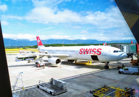 At the gate in Geneva, where the SWISS Airbus A330 was waiting to carry me to New York 