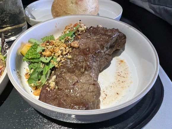 Flat iron steak - squash caponata, pine nuts, mint, basil.  The steak was decent.  The squash caponata went very well with it.  Once I ran out of the caponata, I cut the steak into small pieces and ate it with the lasagna.