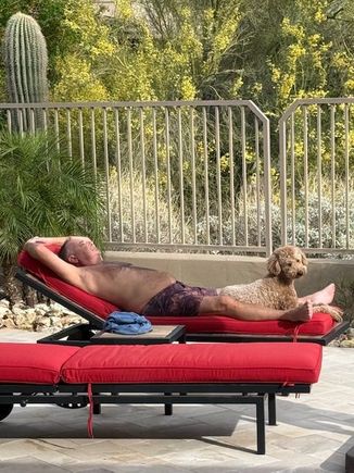House guest with Poppy, who says it’s the first day this spring she’s felt like catching some rays. 
