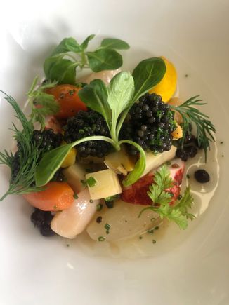 Their caviar course was by far the most beautiful I've ever seen, in any setting. They had seasonal vegetables and lobster chunks. It was definitely the highlight of my meal, and probably the best thing I've ever eaten on a plane!