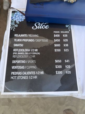 Beach-side Massage Menu (take a left on the beach)