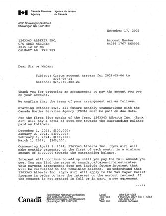 As identified in the CCAA filing that is publicly available, here are the terms for Lynx’s $25m debt  +10% interest paid quarterly owing to the CRA. Lynx had 9 operating tails to generate the revenue required to start the $700k a month payments in April. 

Flair has 20 tails to repay the $67m + interest owed. 

If Lynx’s payment was $700k a month as of April, and Flair has 2.2x the revenue generating capability as Lynx, Flair will be writing a monthly cheque  for $1,540,00 to the CRA.  Ouch.



