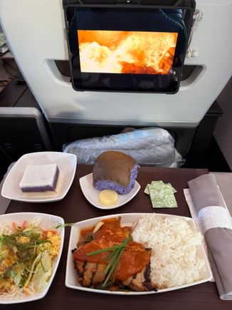 Grilled Miso Chicken on Honolulu to Rarotonga on Hawaiian. The chicken was a bit spicy to my liking though and the dessert was quite delicious with the Okinawan Sweet Potato & Hapuia. 

Was a bit disappointed that there were no amenity kits in Business Class as I love their products. 