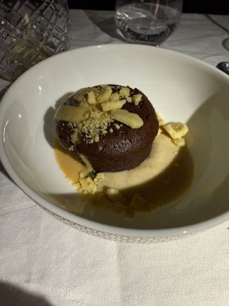 Dulce de leche lava cake with a cinnamon custard. Delightful 