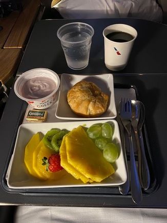 Breakfast, the fruit was ripe and fresh, yogurt is yogurt, dipping pieces of the cold croissant in the coffee was the only way to save it. Why can't they just heat up the bread at this point?!?!