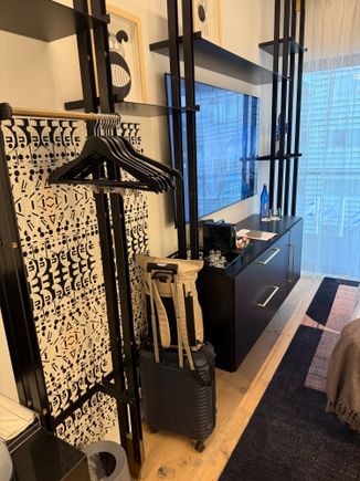 Like the Pública the closet space reminds me of upscale Moxy. The television is very large considering the small size of the room.
