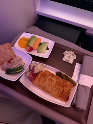 Chips & Hummus followed by Kimchi Beef Pie, Potato Salad, & Gherkins. The Fruit platter was the “dessert” so no Honolulu Cookies. 