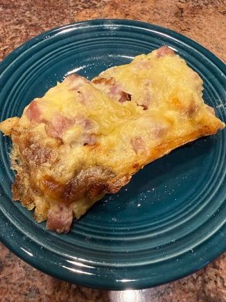 Heated up some leftover Ham and gruyere strata made with white wine and chicken broth! 