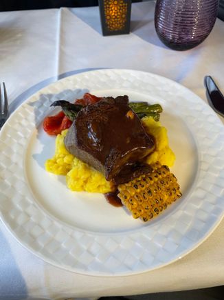 The beef, slightly pink inside