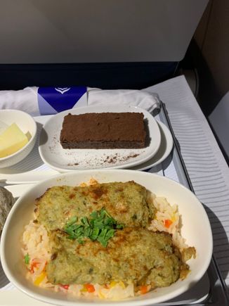 Chicken kebab with rice, chocolate cake. So delicious