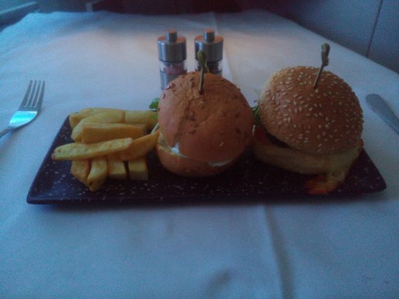 Beef and chicken sliders with chips from the "light options" side of the menu.
