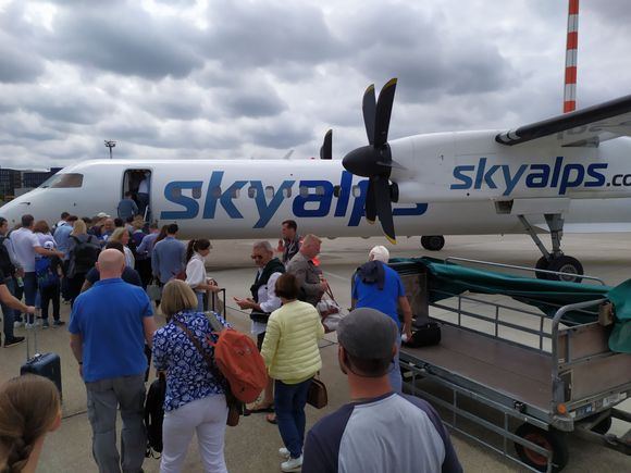Boarding the SkyAlps flight to Bolzano 