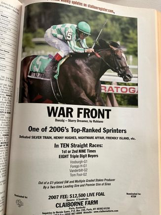 This was from War Front’s first year at stud, he earned his way up to the $200-250K range he was for many years 