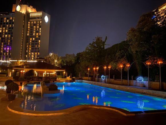 Nighttime pool view.   It’s too cold for swimming in October.  