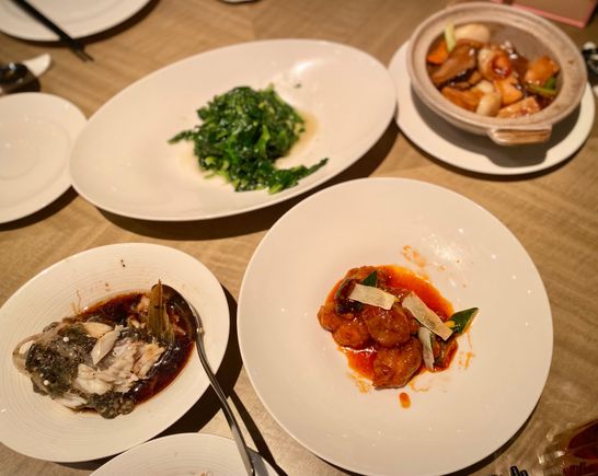 Claypot tofu , peashoots , sweet and sour pork 