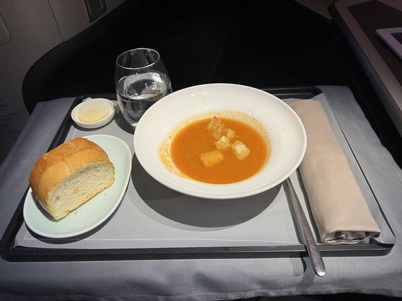 Roasted tomato and basil soup with garlic croutons