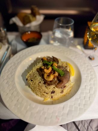 Lunch - Qatari lamb white kabsa with hashu basmati rice, fried onion and lemon wedge - another 10/10 dish, highly recommended! The lamb was tender and not dry at all, overall a very excellent dish.