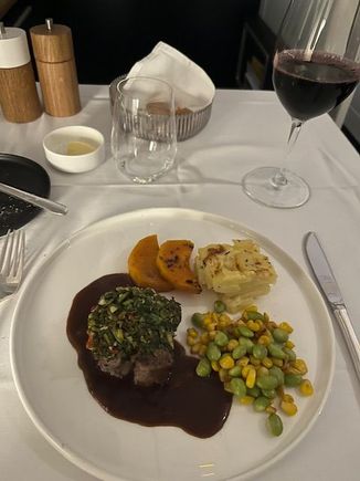 Beef tenderloin (very good) which I chose to go with the excellent Bordeaux